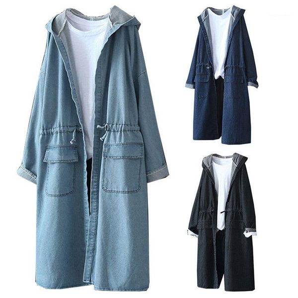 

women's denim windbreaker fashion loose long sleeve hooded jacket coat drawstring pocket long jean coat cardigan outwear 1, Tan;black