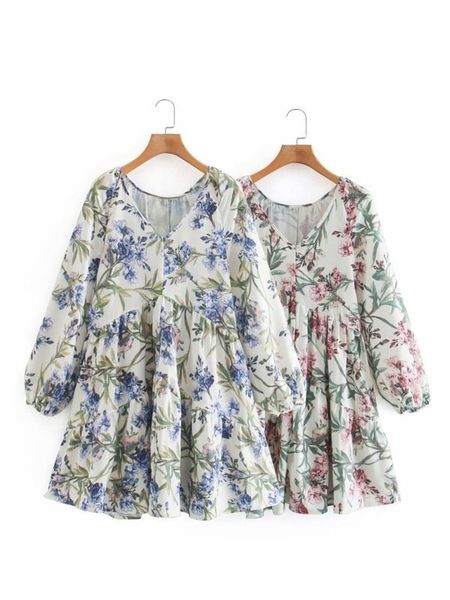 

long summer new sleeve women's soft wind flower print loose a-line dress short skirt s11256, Black;gray