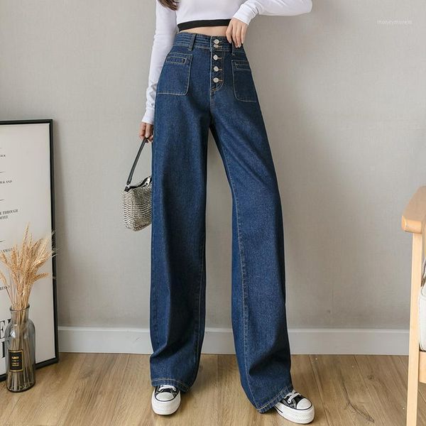 

women's jeans woman high waist clothes wide leg denim clothing buttons blue streetwear vintage quality fashion straight pants1