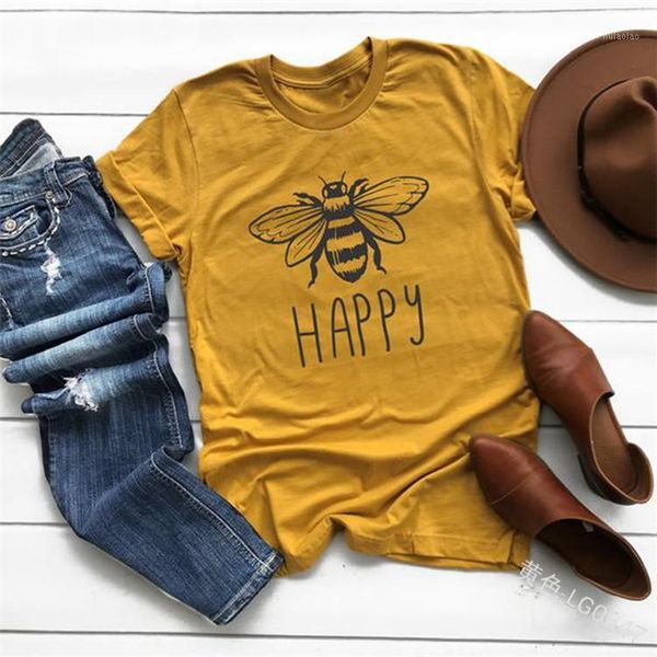 

bellflower happy letter print women t-shirts graphic summer bees short sleeve funny t shirt tee plus size (s-5xl)1, White