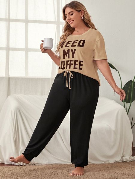 

plus slogan graphic pajama set e1fz#, Black;white