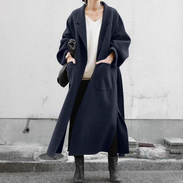 

winter woolen coat zanzea elegant women long sleeve long autumn jackets casual loose belted outwear solid lapel neck streetwear, Black