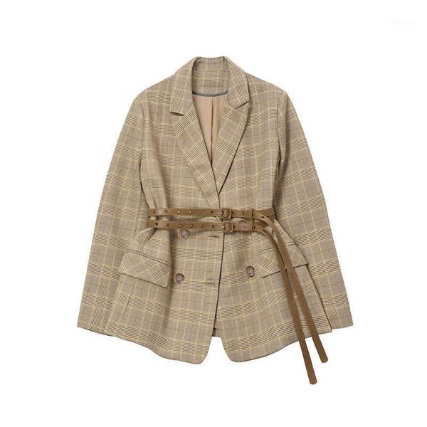 

2021 grid suit jacket autumn french niche retro sculple suit to send belt1, White;black