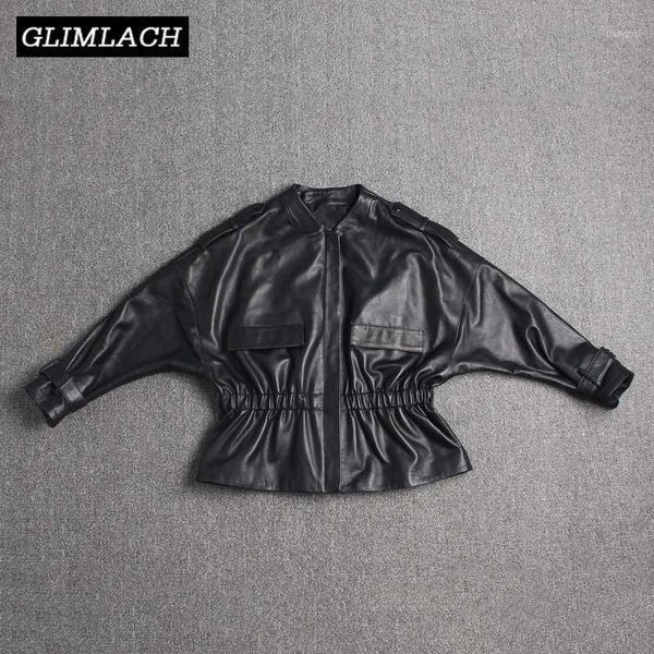 

women genuine leather jacket elastic waist slim short real leather coat female sheepskin casual ladies streetwear1, Black