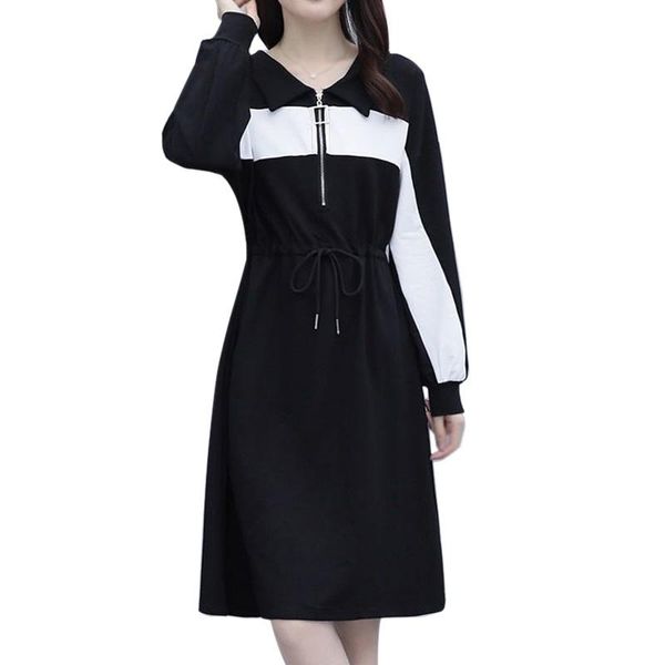 

spring autumn retro elegant temperament loose waist slim thin dress ladies casual long sleeve a-line dress women clothes, Black;gray