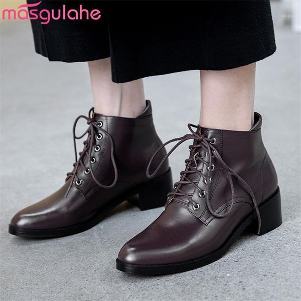 

boots masgulahe 2021 est genuine leather women ankle round toe lace up autumn winter square heels dress shoes woman1, Black