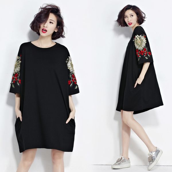 

2020 лета нового черных женщин вышитых шеи экипажа с короткого рукавом средних вышитых футболки длиной юбки хлопок юбкой свободно негабаритн, White