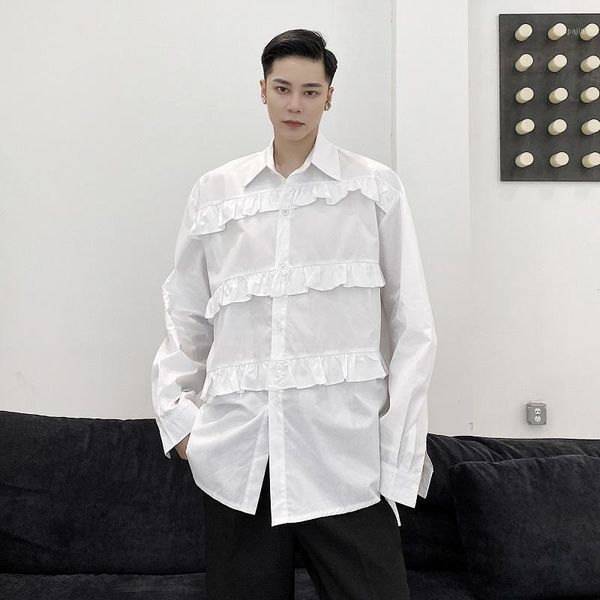 

new male women japan streetwear vintage fashion couple shirt men folds splice loose casual long sleeve shirt1, White;black