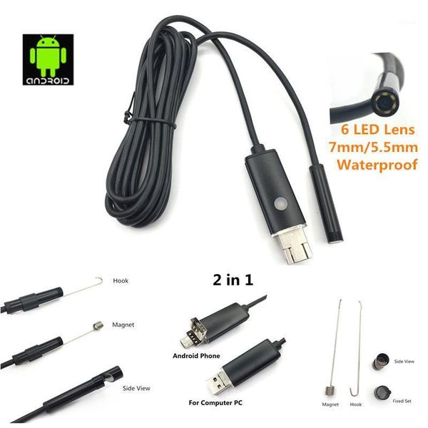 

mini cameras 1m 2m 7mm lens 6 led 2 in 1 android/pc 720p hd endoscope tube waterproof snake borescope pc usb inspection camera1