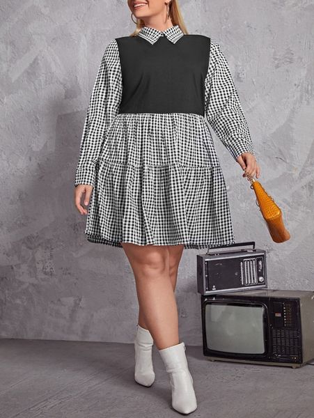 

plus gingham ruffle hem dress g5rf#, Black