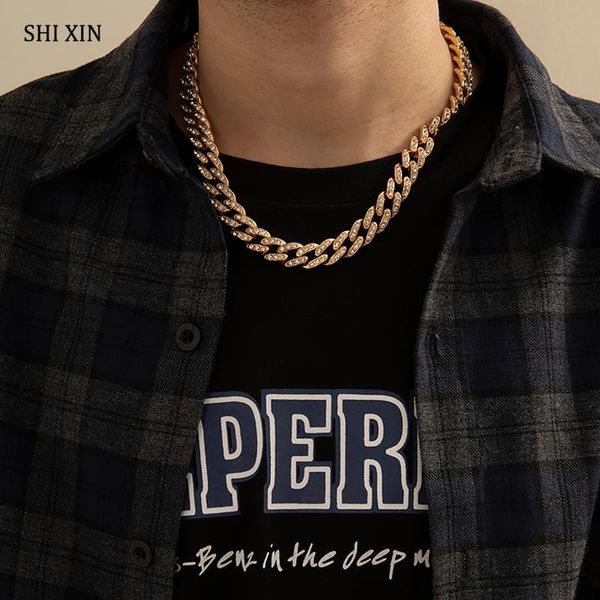 

chains shixin hip hop iced out chain necklace men/women punk chunky rhinestone choker collar cuban link on the neck 2021, Silver