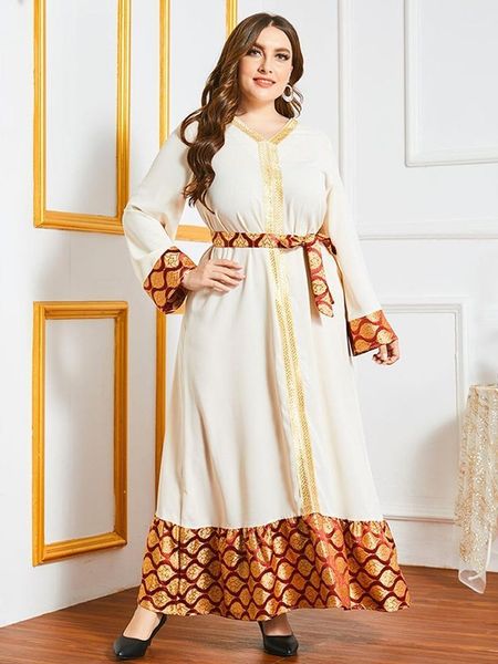 

jacquard patchwork ethnic maxi dress for women elegant v neck long sleeve plus size arabic muslim clothes white 20211, Black;gray