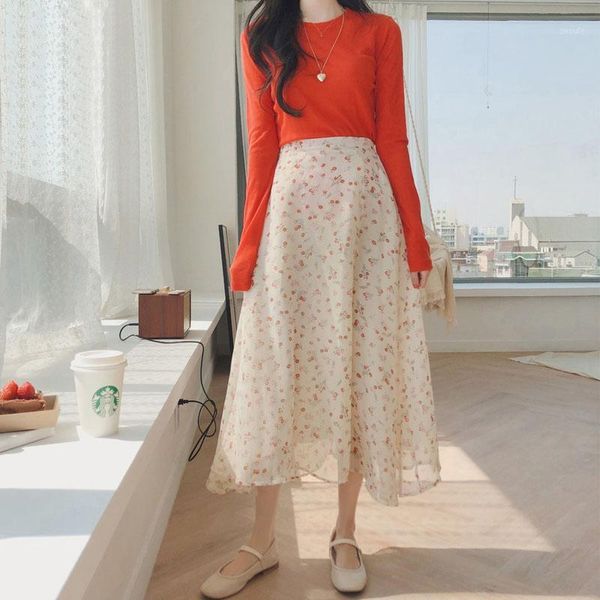 

womens 2020 summer new skirts korean japanese style design date fashion floral printed chiffon high waist skirt long1, Black