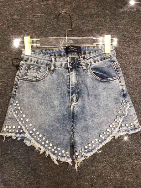 

women's jeans 2021 spring summer european fashion heavy diamond beads high waist stretch hair edge denim shorts women shorts1, Blue