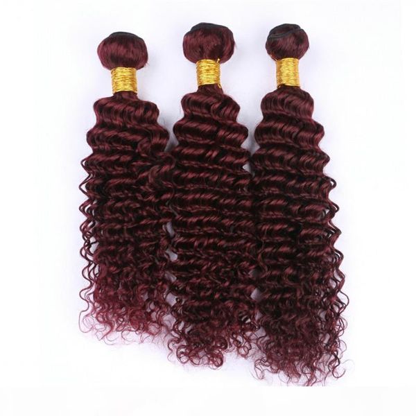 

peruvian wine red human hair extensions deep wave 3pcs virgin remy human hair burgundy weave bundles pure #99j color double wefts 10-30&quot, Black