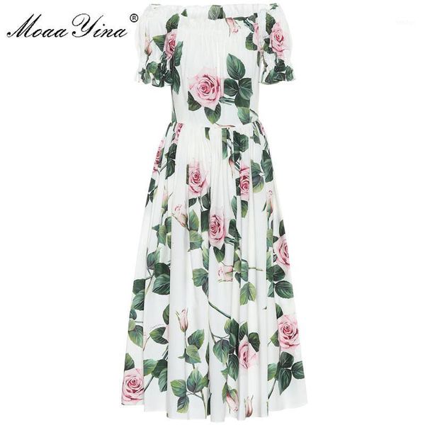 

moaayina fashion designer dress spring summer women's dress puff sleeve rose floral-print vacation cotton dresses1, Black;gray