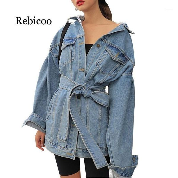 

autumn denim jacket women's lapel long sleeves high waist tie bandage women's jacket fashion retro street coat1, Black;brown