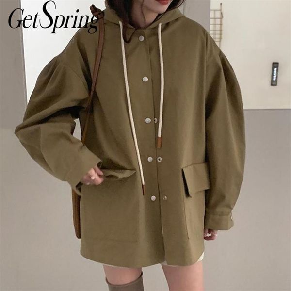 

getspring women trench coat puff sleeve hooded vintage trench coat women casual short overcoat women clothes new fashion 201031, Tan;black