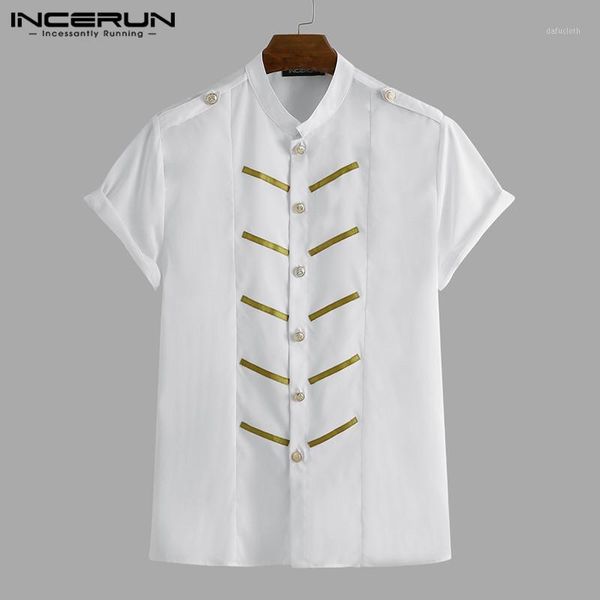 

incerun fashion men uniform shirt short sleeve printed stand collar button elegant brand dress shirts men breathable summer 1, White;black
