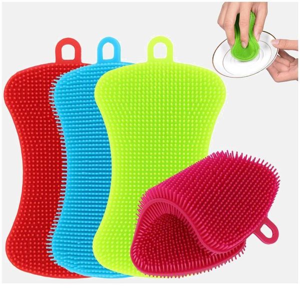 

1/3/4pcs sile dishwashing brush pot pan sponge scrubber fruit vegetable dish washing cleaning brushes kitchen cleani bbygbe