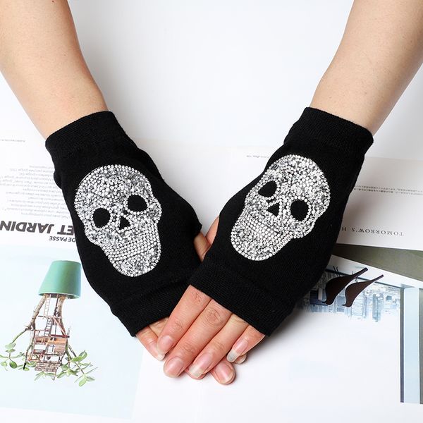

winter warm touch screen half finger female black knit driving punk skull rhinestone short hip-hop gloves h82, Blue;gray