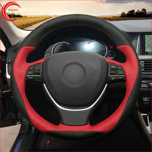 

hand-stitch black red leather car steering wheel cover for bmw f10 f11 f07 f12