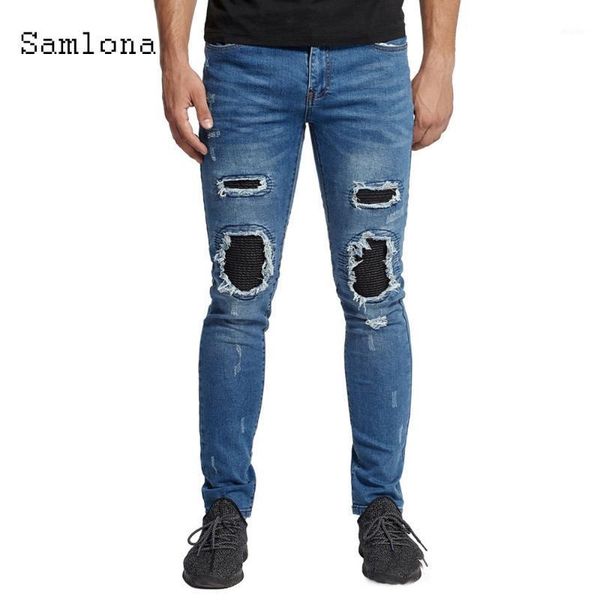 

samlona men's jeans casual skinny hole ripped denim pants fashion 2020 european and american style punk hip hop trousers1, Blue
