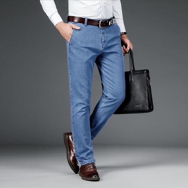 

shan bao classic embroidery men's business gentleman fitted straight jeans 2020 autumn brand clothing soft cotton casual pants, Blue