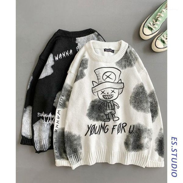 

autumn and winter fun cartoon crew neck sweater men's trend1, White;black