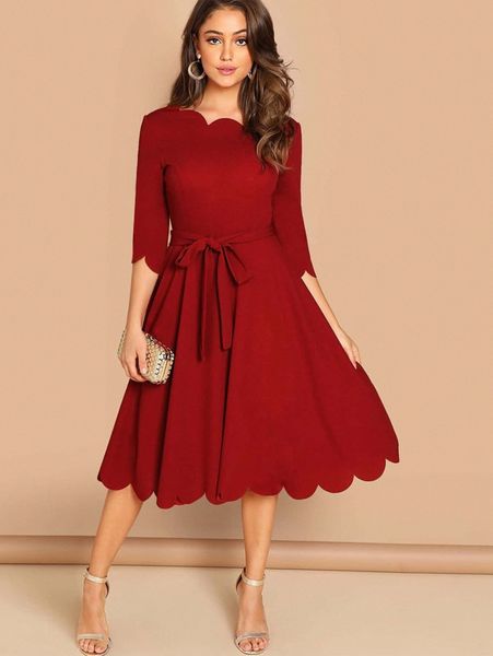 

scallop trim fit & flare dress with belt d4tl#, Black;gray
