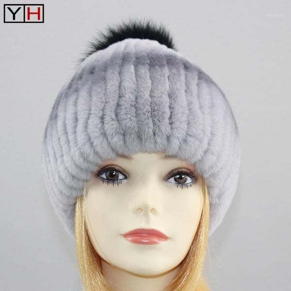 

beanie/skull caps winter lady natural rex fur hat striped design women real cap big ball knitted caps1, Blue;gray