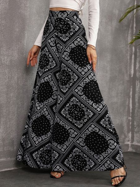 

scarf print wide leg pants without belt d7n3#, Black;white