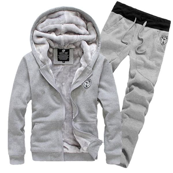 

velvet thick hooded sweater sportwear sweatshirt men tracksuit 2 piece pants mens suits set jogger sets for men clothing, Gray