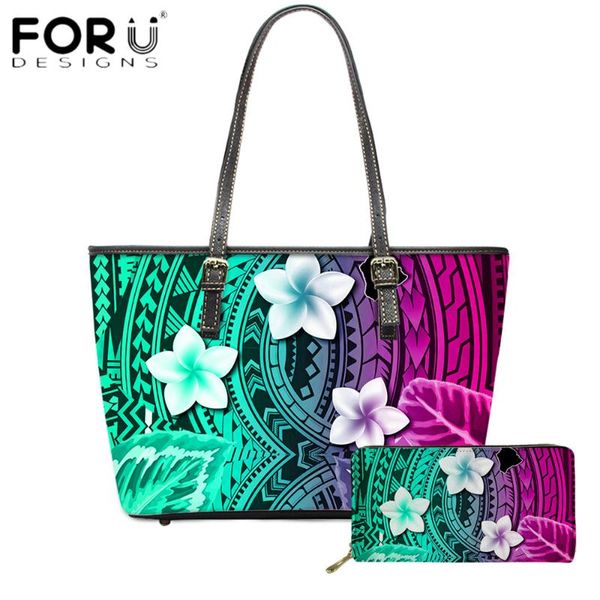 

forudesigns fashion women 2pcs set totes bag and wallet hawaii style flower with polynesian printing lady party leather handbag