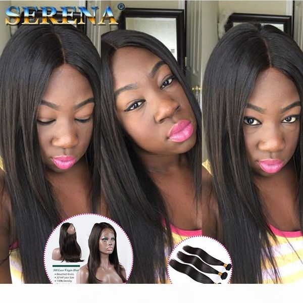 

360 lace frontal with bundles straight unprocessed peruvian virgin human hair weaves with 360 closure natural color black hair extensions, Black;brown