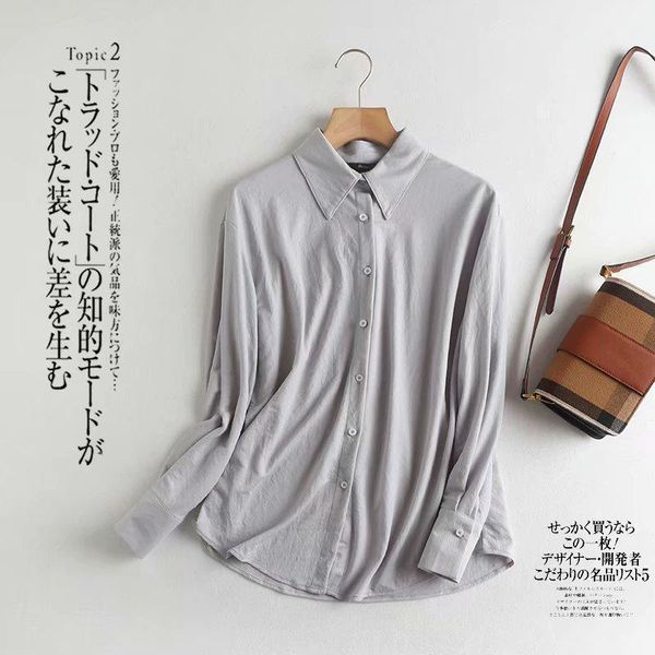 

women autumn blouse with turn-down collar solid long sleeve shirt femme casual loose basic cotton blouse, White