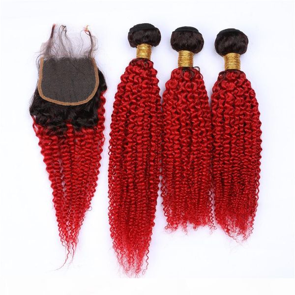 

malaysian human hair black to red ombre kinky curly weave wefts 3pcs with closure #1b red ombre 4x4 lace front closure with 3bundles, Black;brown
