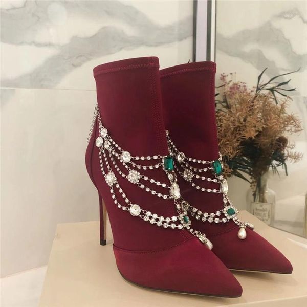 

2021 new fashion suede jewelry thin high heels shoes women chain diamond ankle boots pointed toe design1, Black