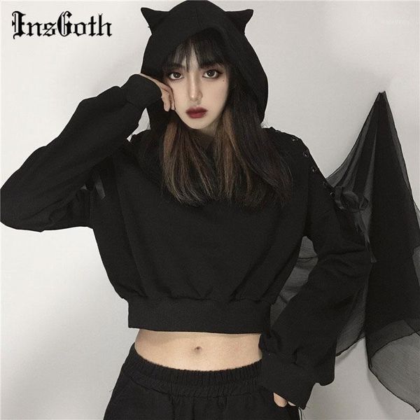 

insgoth harajuku goth hollow out hoodies streetwear punk bandage long sleeve hooded hoodies women fashion cosplay crop 1, Black