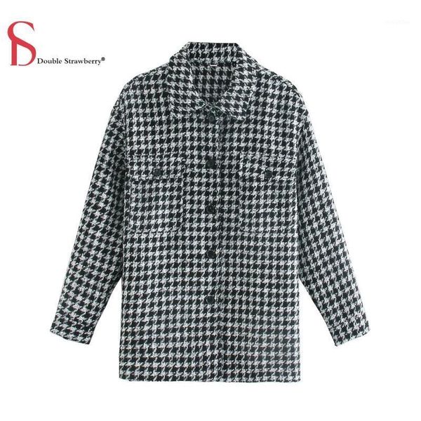 

double strawberry women's 2020 autumn and winter new retro loose lapel plaid jacket women's small fragrance woolen coat1, Black
