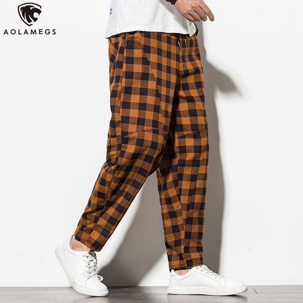 

aolamegs pants men plaid print casual pants chinese style trousers harajuku cotton linen harem streetwear plus size m-5xl1, Black