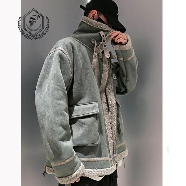 

men's fur & faux men fashion heavyweight shearling suede leather jacket casual hip hop coat, Black