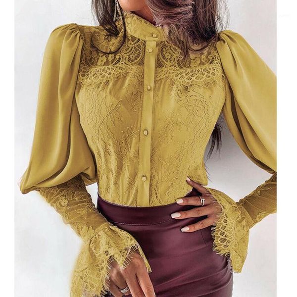 

women solid color lace patchwork blouse chic elegant spring fall office stand collar shirt chiffon casual outfits1, White