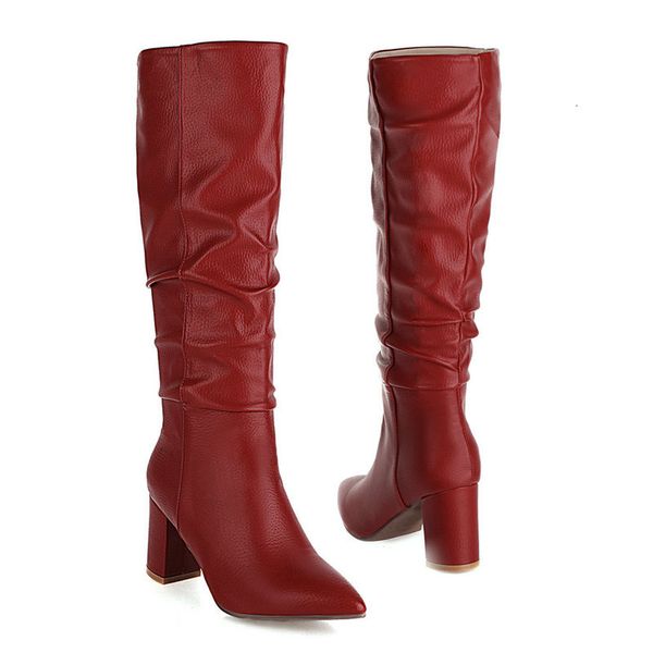 

2021 new women thick heels winter knee high boots pointed toe fashion pleated shoes woman plus size 34-43 yqgl, Black