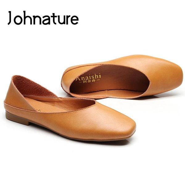 

johnature 2020 new summer handmade retro genuine leather square toe shallow soft sole slip-on comfortable women shoes pumps, Black