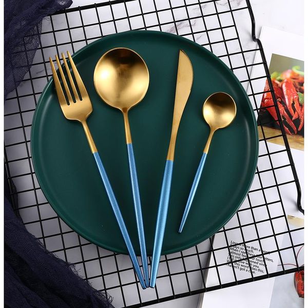 

home cutlery set blue gold 4pcs/set stainless steel frosted high-end steak cutlery knife spoon fork dessert spoon re jllmzl