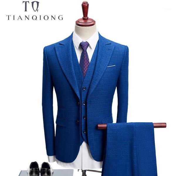

tian qiong 2021 3 pieces suit men plaid korean style s-4xl blue/navy blue groom wedding dress suit costume homme ternos slim fit1, White;black