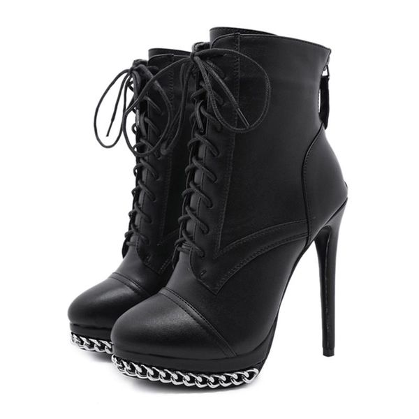 

lucyever autumn winter women platform pu leather boots fashion chain cross strap thin high heels ankle boots female rome shoes, Black