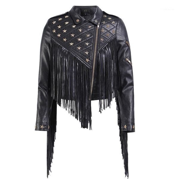 

black tassel pu women's leather jacket spring autumn moto star beading coat female short slim biker jackets py611