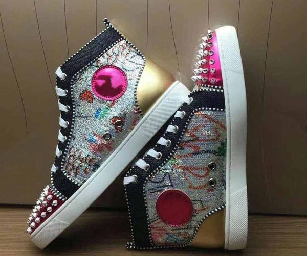 

latest quality mens designer red bottom sneakers spike high flats shoes women trainers genuine leather sequins lovers party wedding, Black